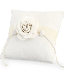 Cuscino Portafedi bianco cotone con rosa in cotone e cordino con cuoricini