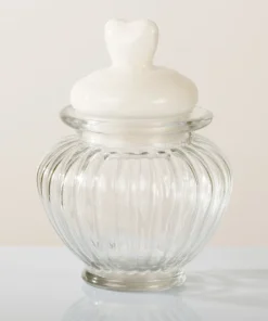 6 Barattoli vetro rigati con tappo cuore in porcellana base cilindrica portaconfetti