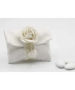 Sacchetto forma bustina portaconfetti bianco cotone con rosa in cotone