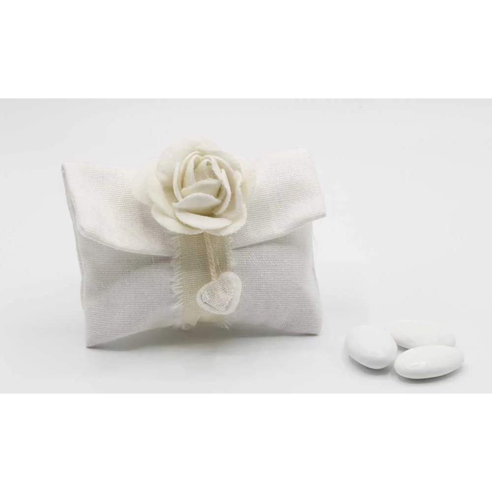 Sacchetto forma bustina portaconfetti bianco cotone con rosa in cotone