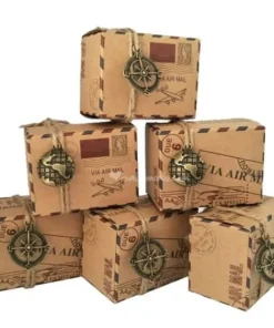 100 Scatoline In Cartone Color Kraft Tema Viaggio Con Ciondolo Bussola/Mappamondo